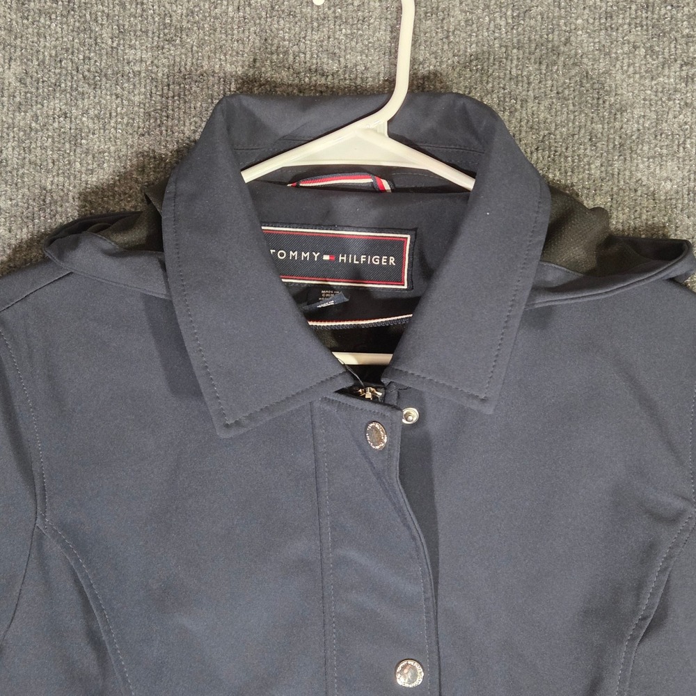 Tommy Hilfiger Womens Large Navy Blue Softshell Trench Coat Hooded Jacket Luxury